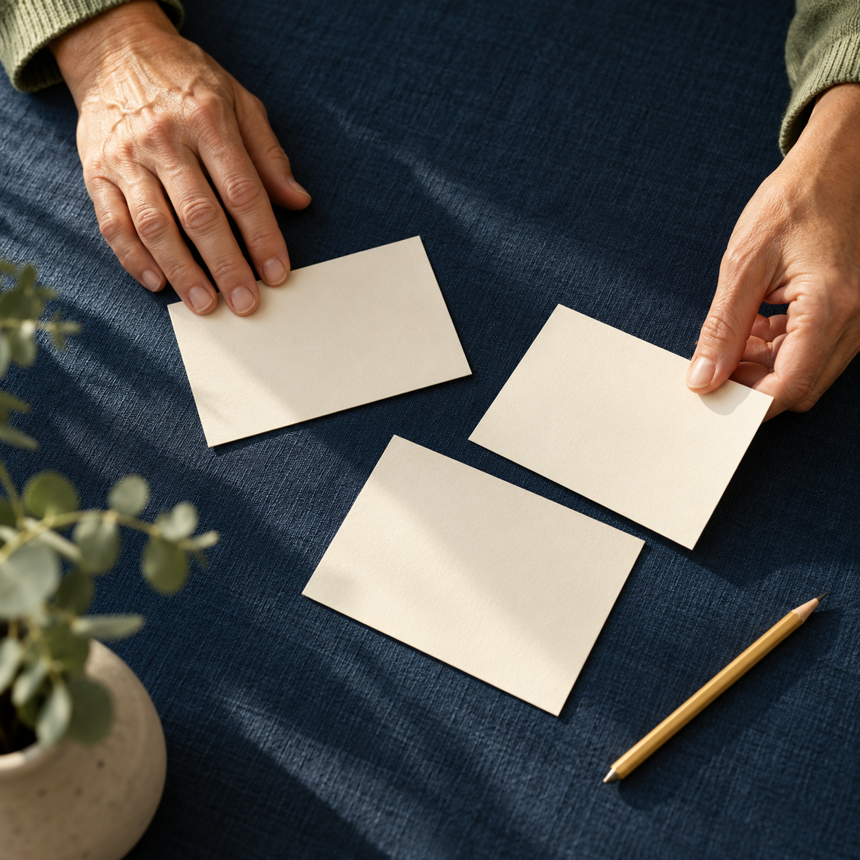 Hands arranging blank cards on a navy surface.