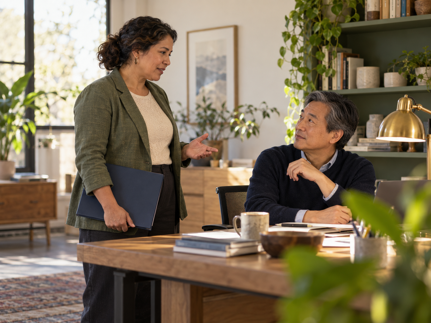 Two nonprofit colleagues in conversation.